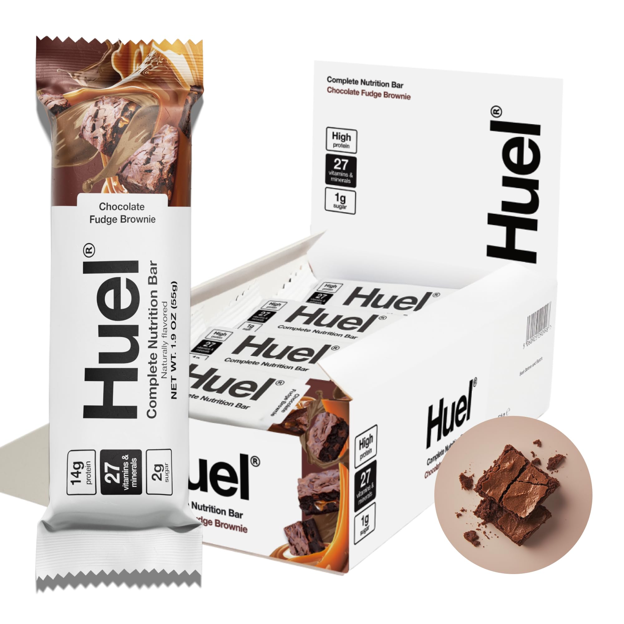Huel complete nutrition bar fudge brownie with cocoa coating and caramel center.