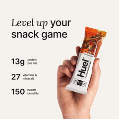Huel Complete Nutrition Bars cross-section highlights protein and essential vitamins.
