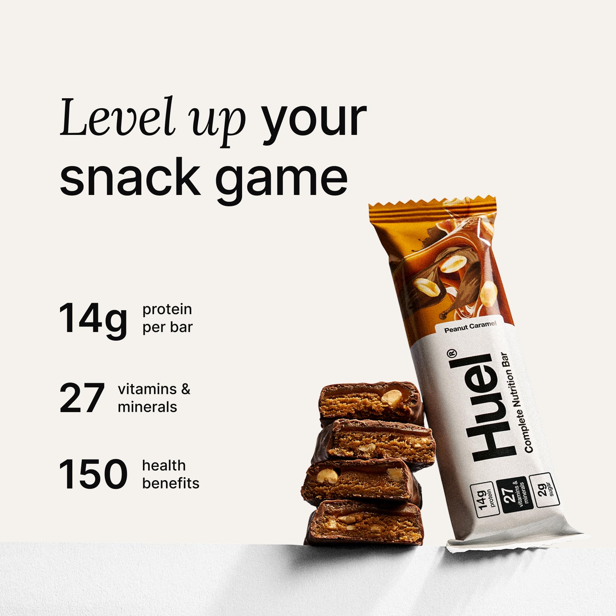 Close-up of Huel vegan bar coating with caramel for a plant-based treat.