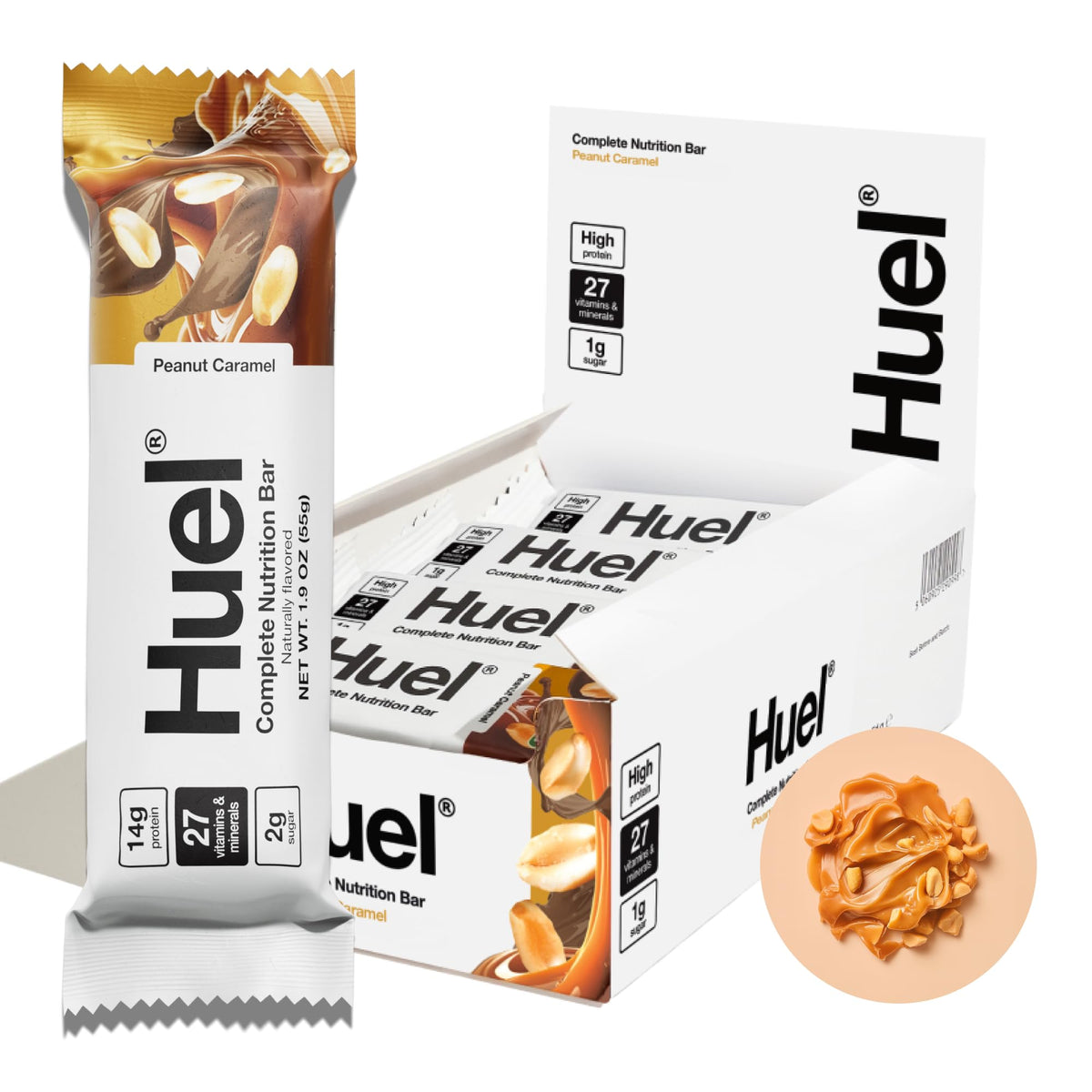 Huel Complete Nutrition peanut caramel bar, convenient on-the-go protein snack.