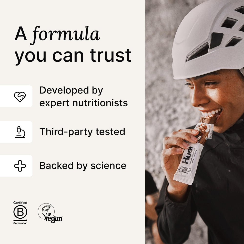 Huel ingredients panel highlights non-GMO plant-based nutrition.