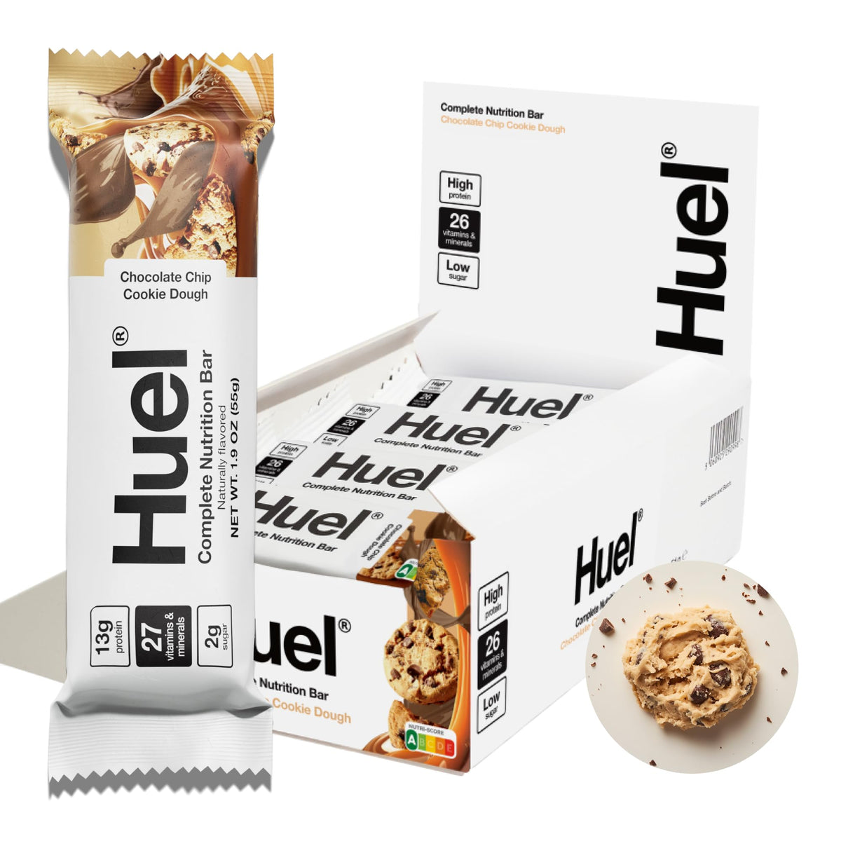 Huel Complete Nutrition Vegan Protein Bar cookie dough base offers a protein-rich snack.