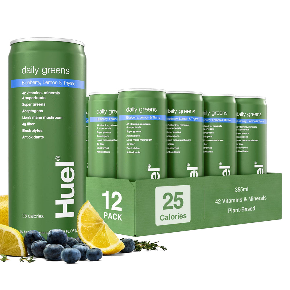 Huel Daily Greens bottle with Blueberry Lemon Thyme for a refreshing morning boost.