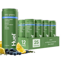 Huel Daily Greens bottle with Blueberry Lemon Thyme for a refreshing morning boost.