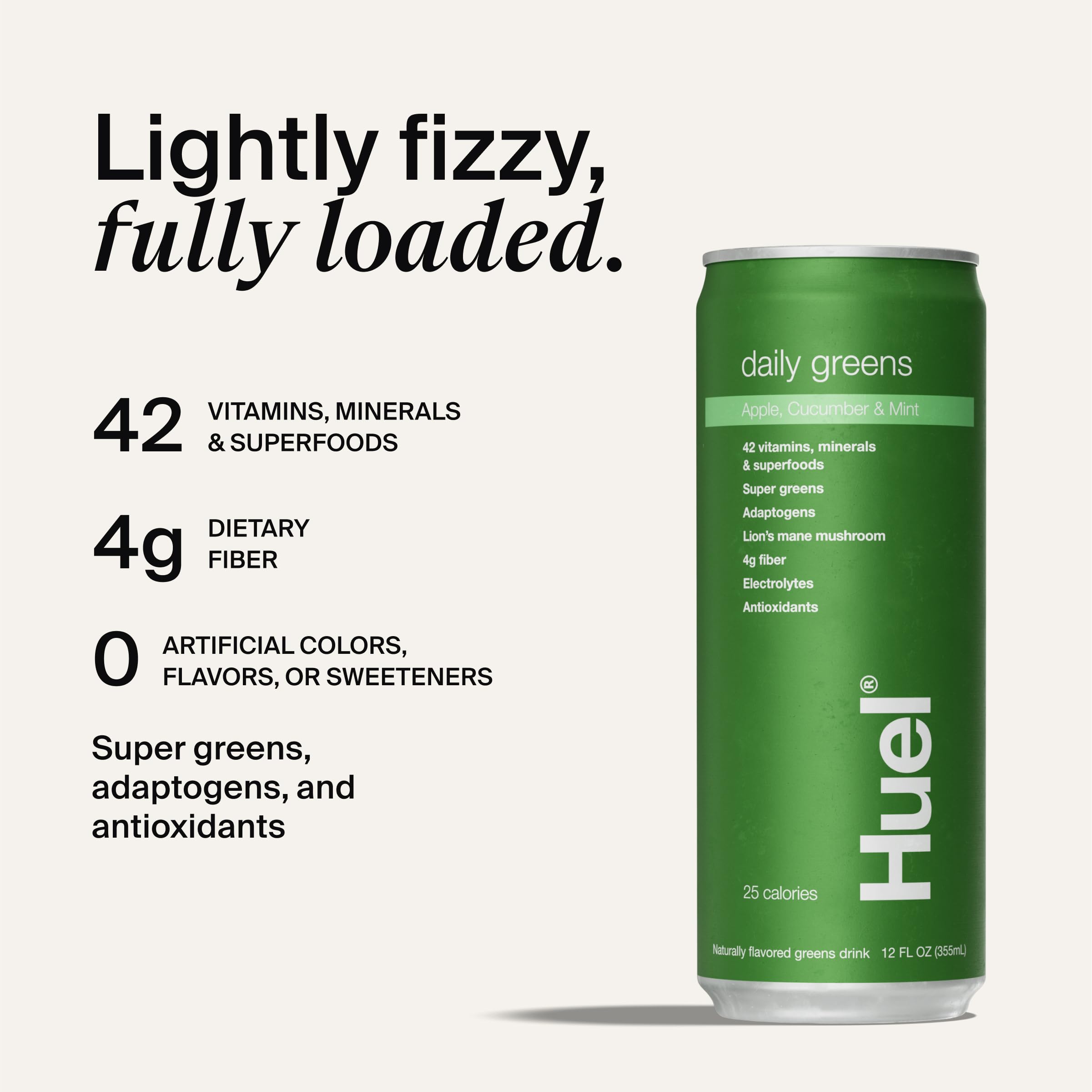 Huel Daily Greens glass highlighting fruity taste ideal for breakfast routine.