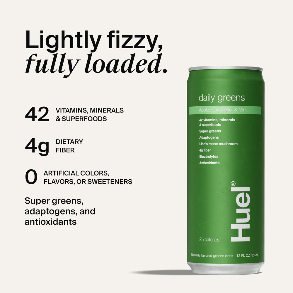 Huel Daily Greens glass highlighting fruity taste ideal for breakfast routine.