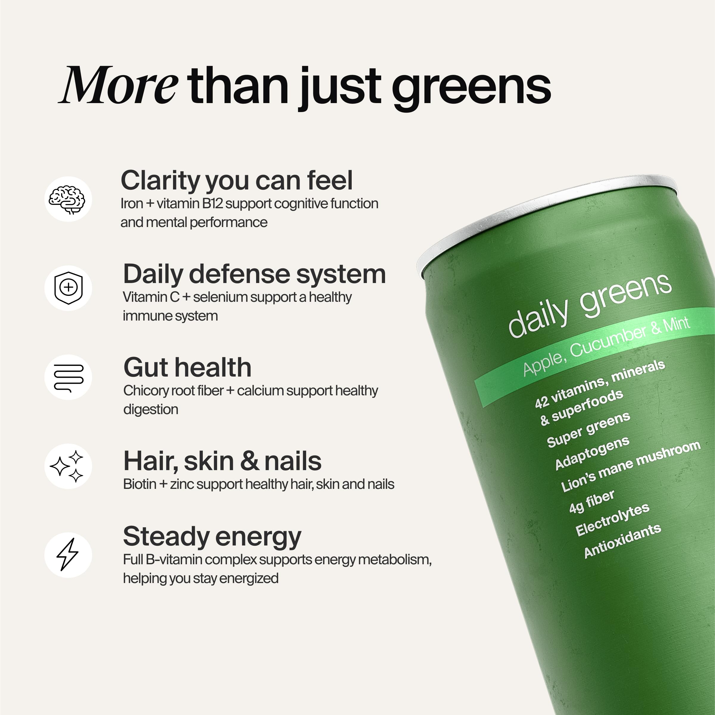 Graphic of Huel Daily Greens blends illustrating greens, fruits and botanicals.