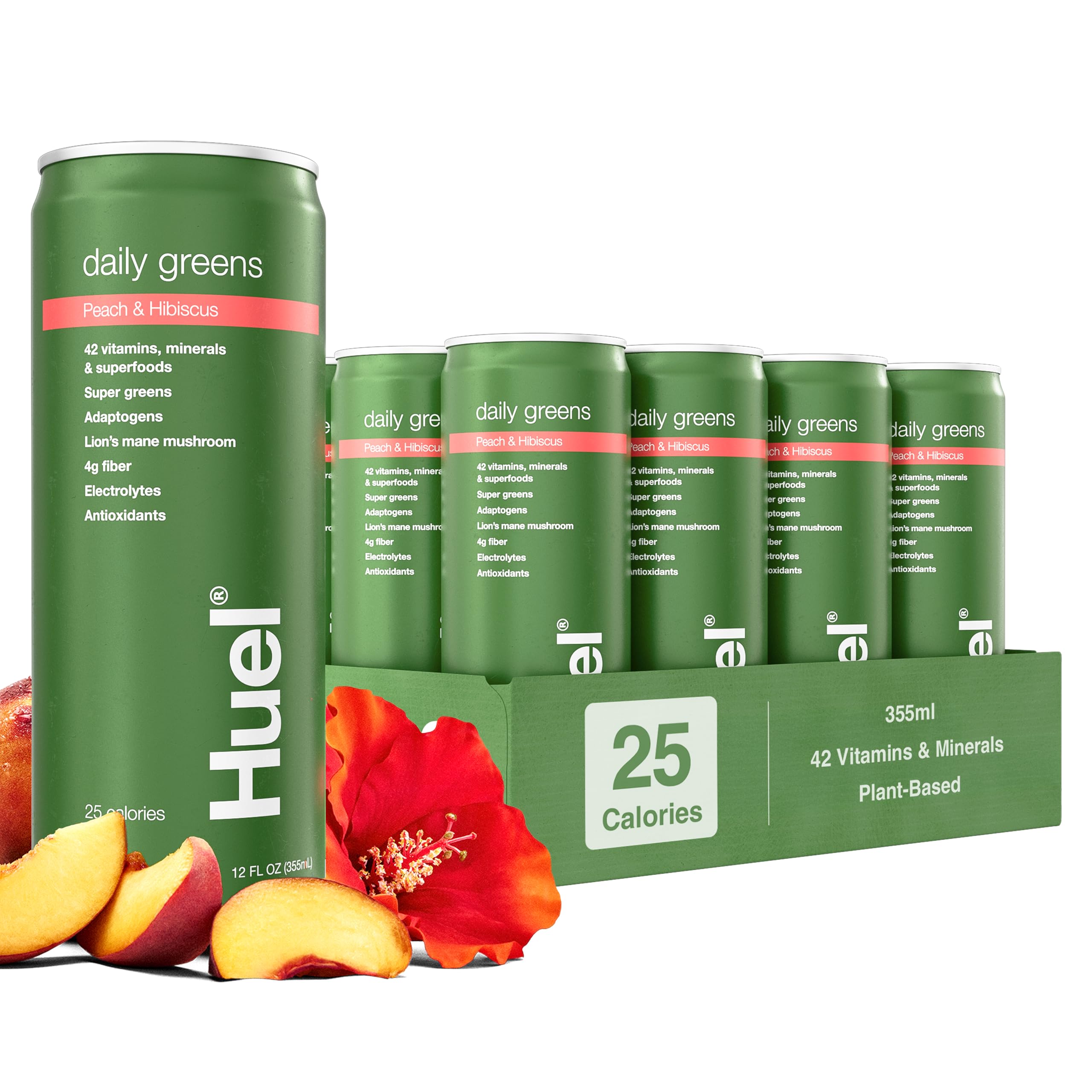 Huel Daily Greens Peach Hibiscus bottle on table showing nutritious start to day
