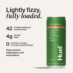 Glass of Huel Daily Greens Peach Hibiscus highlighting fruity, refreshing flavor