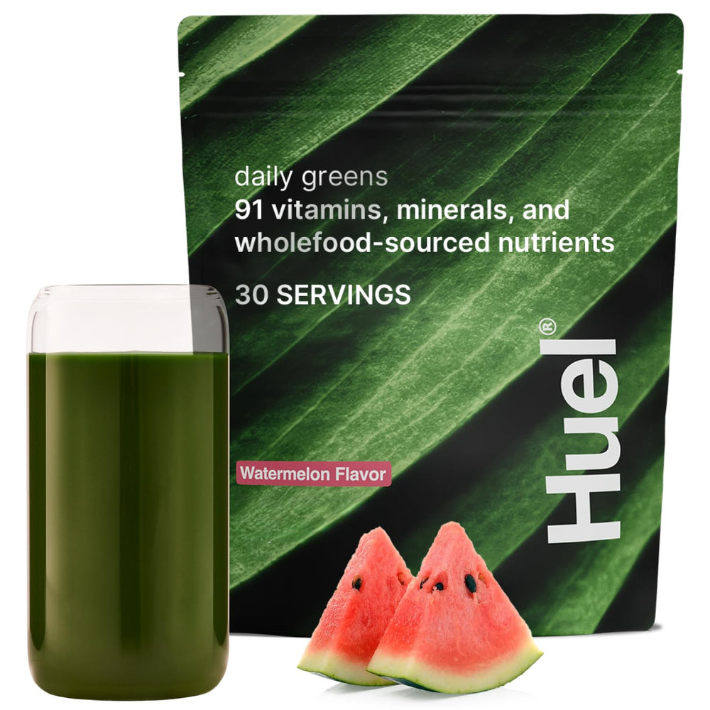 Huel Daily Greens Watermelon tub closeup highlighting 91 ingredients for daily nutrition