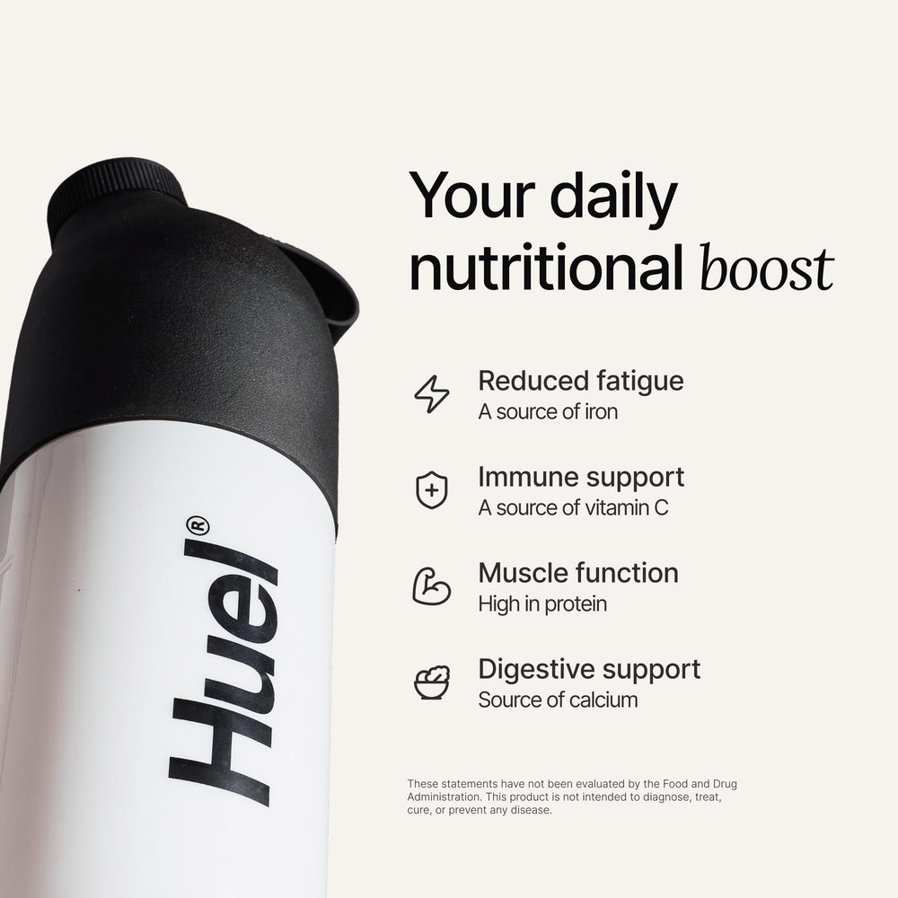 Huel Daily Superblend Chocolate ingredients-list image highlights the 87 nutrients supporting daily vitality