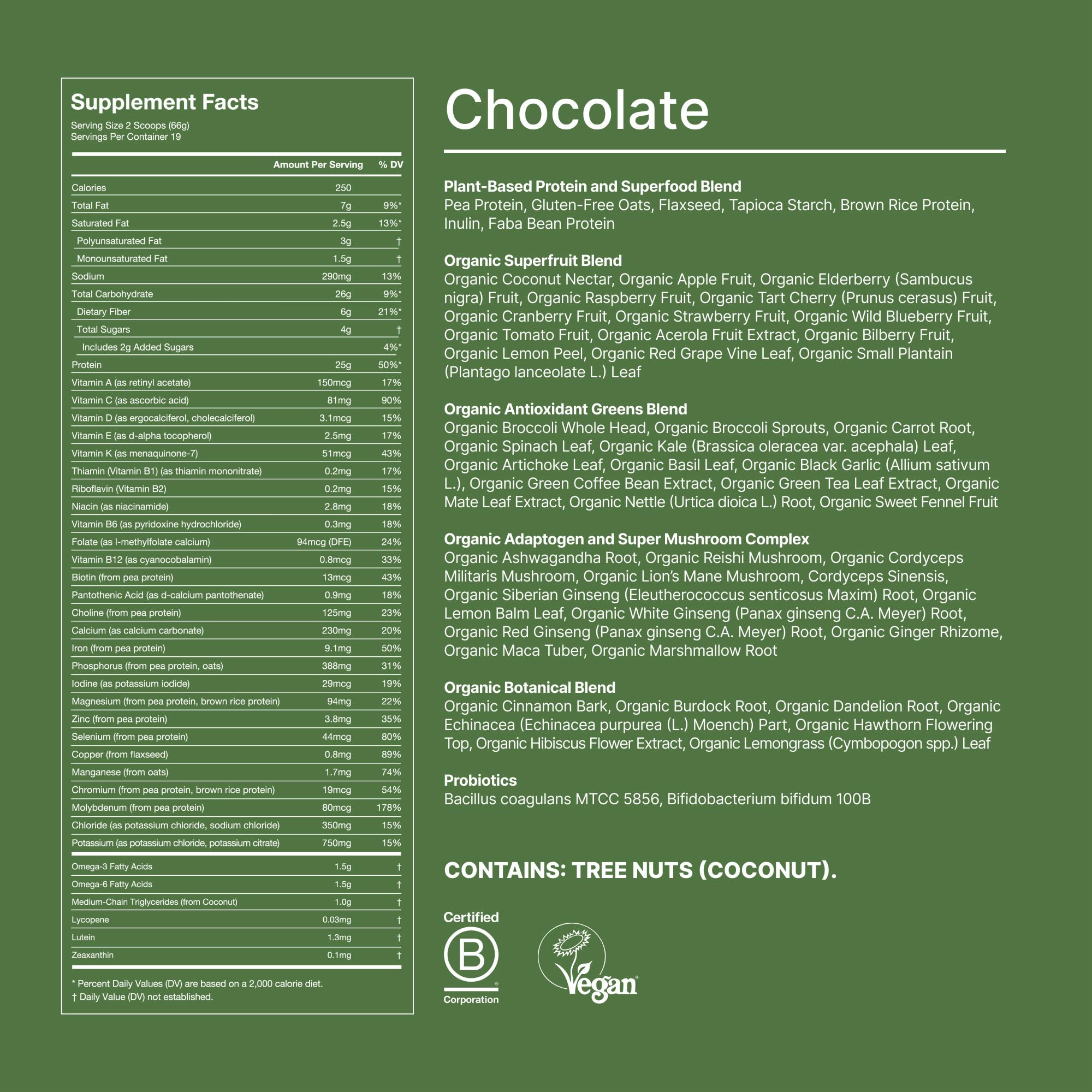 Huel Daily Superblend Chocolate nutrition-illustration emphasizes a high nutrient blend per serving