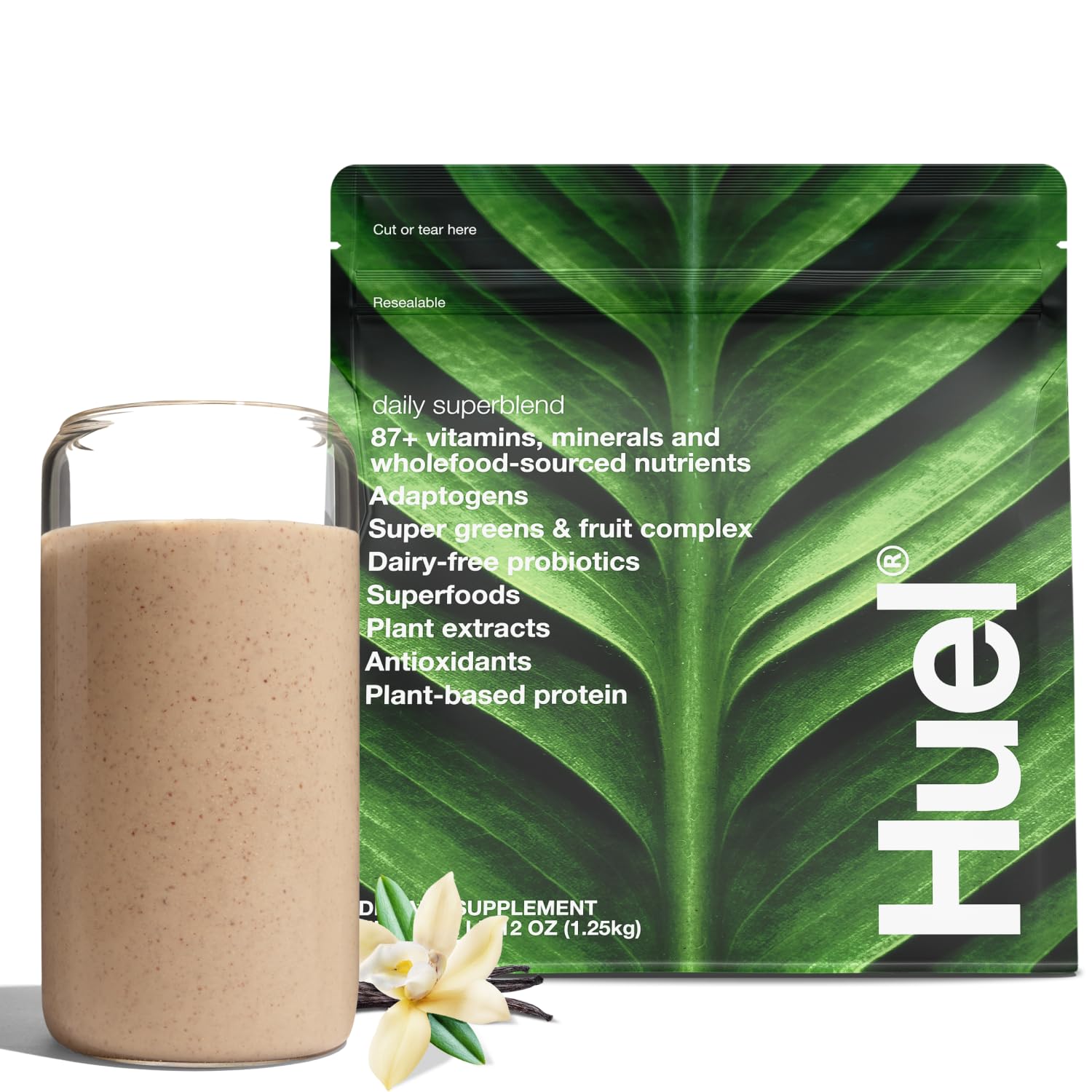Huel Daily Superblend Vanilla powder bottle ready for a protein-rich breakfast.