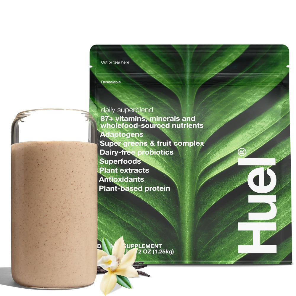 Huel Daily Superblend Vanilla powder bottle ready for a protein-rich breakfast.