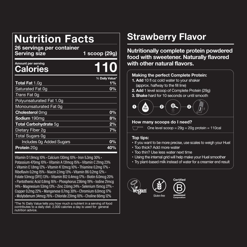 Huel protein powder scoop beside tub signals quick protein boosts.