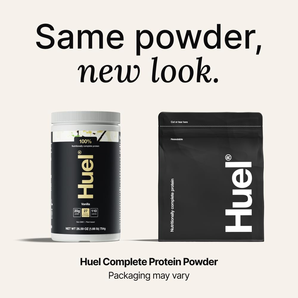 Huel strawberry flavor label emphasizes 27 vitamins and minerals.