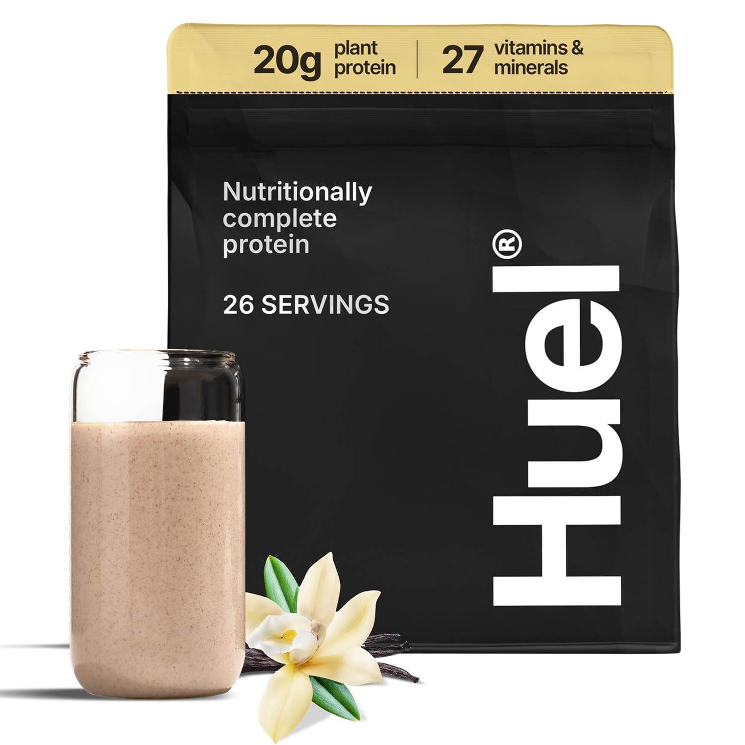 Huel Vanilla protein powder bottle displaying complete plant-based nutrition for daily workouts.