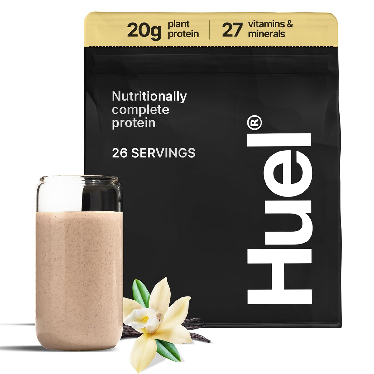 Huel Vanilla protein powder bottle displaying complete plant-based nutrition for daily workouts.