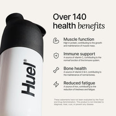 Huel Vanilla protein powder jar highlighting hemp, faba, and pea blends.