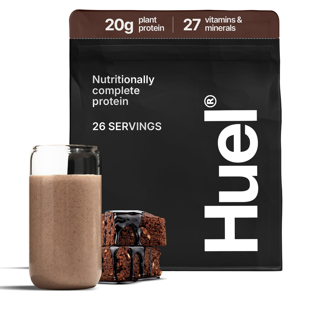 Huel vegan protein powder Chocolate Fudge Brownie tub showing complete plant-based nutrition.
