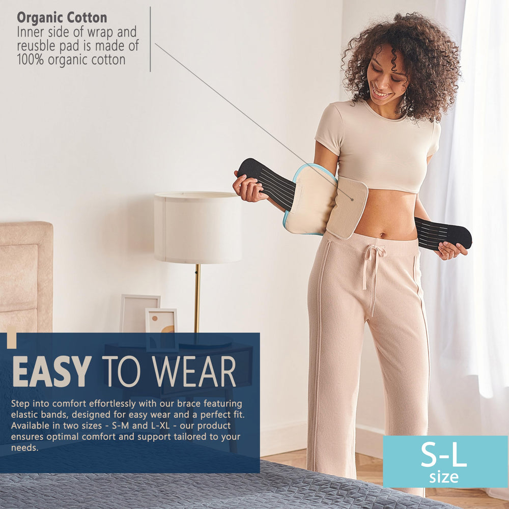 HUFL Castor Oil Pack Wrap shows two sizes for a personalized, snug fit during routines.