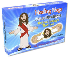 Hug-a-BooBoo Healing Hugs Jesus Bandages box close-up highlighting 24-count design and accessibility