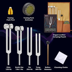 Hugbow tuning forks kit close-up at 136.1 Hz for calming resonance