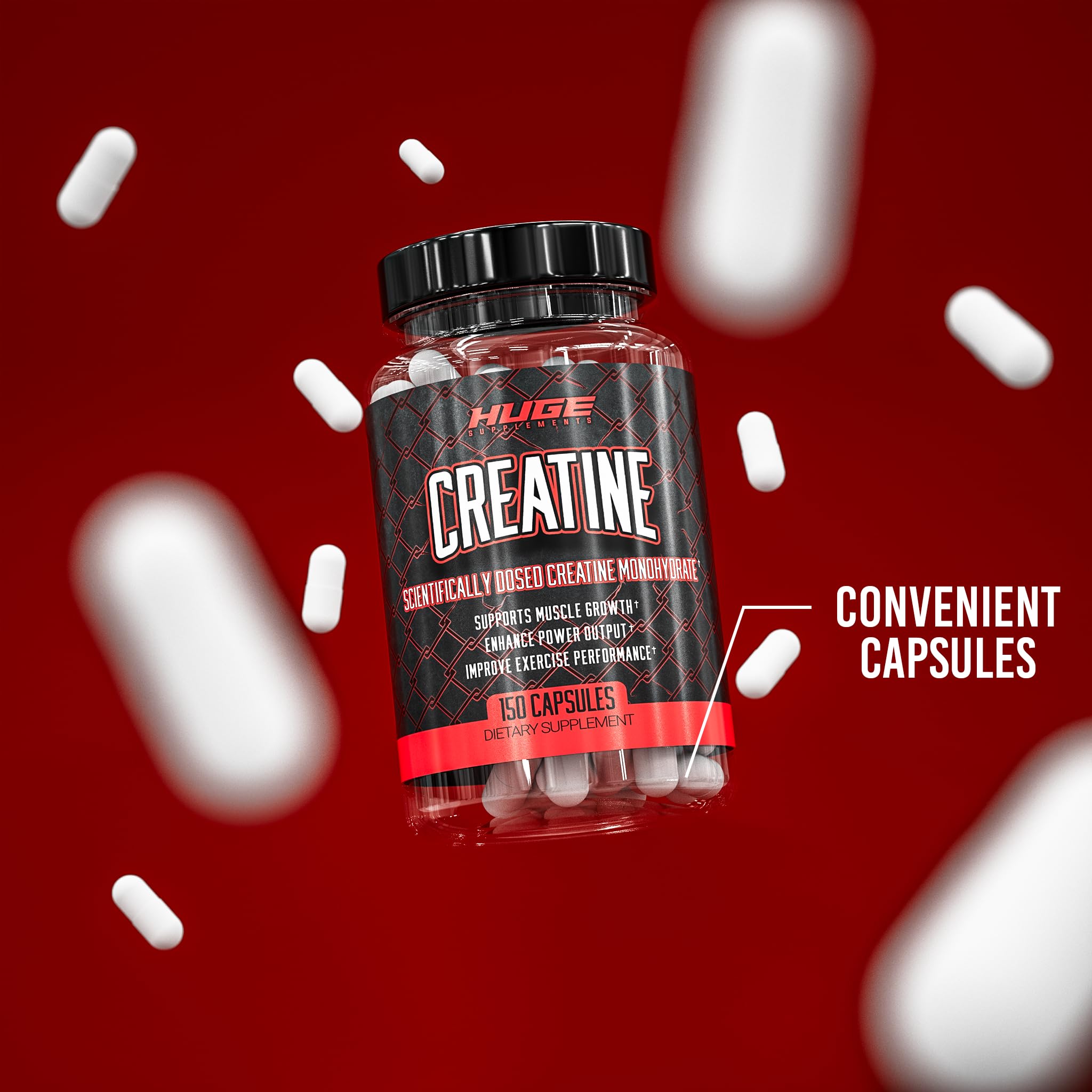 Huge Supplements creatine monohydrate capsules purity lab-tested badge signals quality