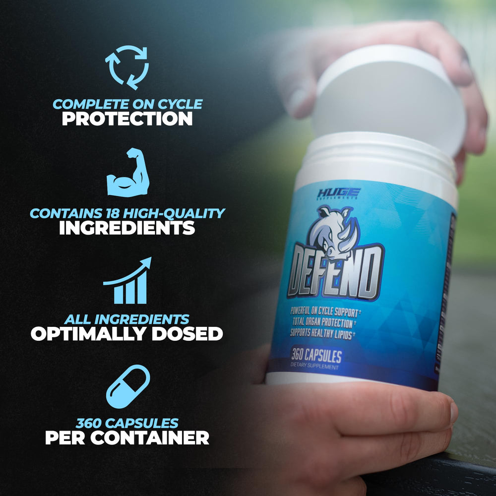 Huge Supplements Defend Cycle Support ingredients graphic emphasizing 18-component blend.