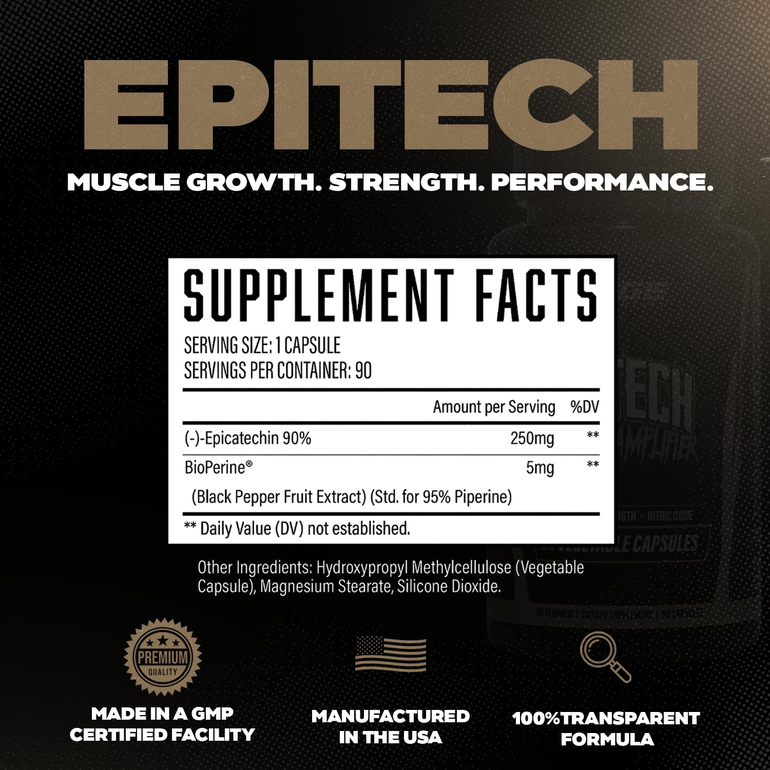 Huge Supplements Epitech Epicatechin powder closeup emphasizes high-potency extract.