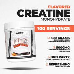 Huge Supplements mango creatine bottle 2 highlights convenient scoop and clean taste.