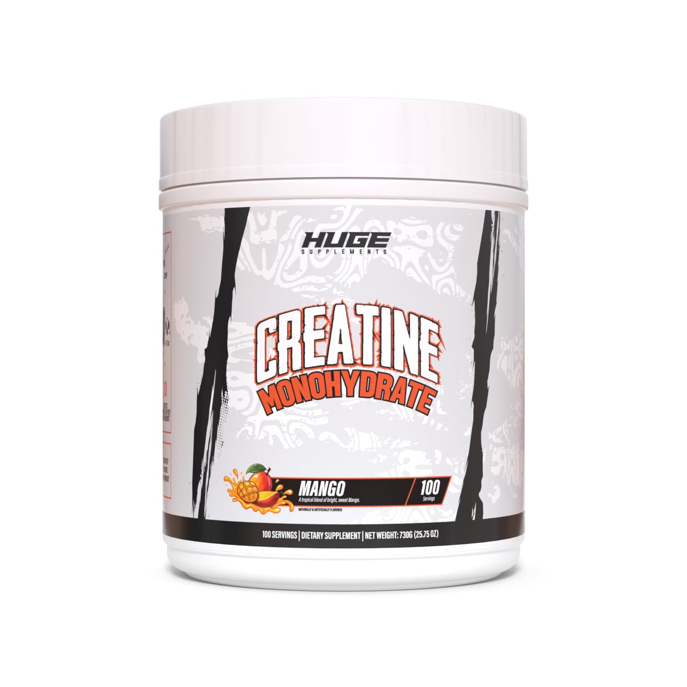 Huge Supplements flavored creatine mango bottle showing easy mixability and premium purity.