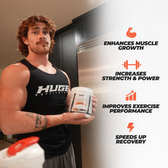 Huge Supplements mango creatine serving scoop demonstrates 5 g dose for workouts.