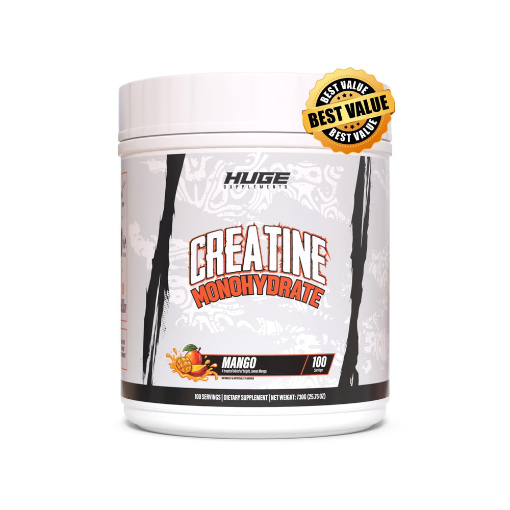 Huge Supplements mango creatine tub on gym shelf ready for workouts.
