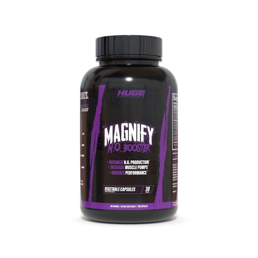 Huge Supplements Magnify Pump bottle closeup showing NO3-T formula for intense workouts.