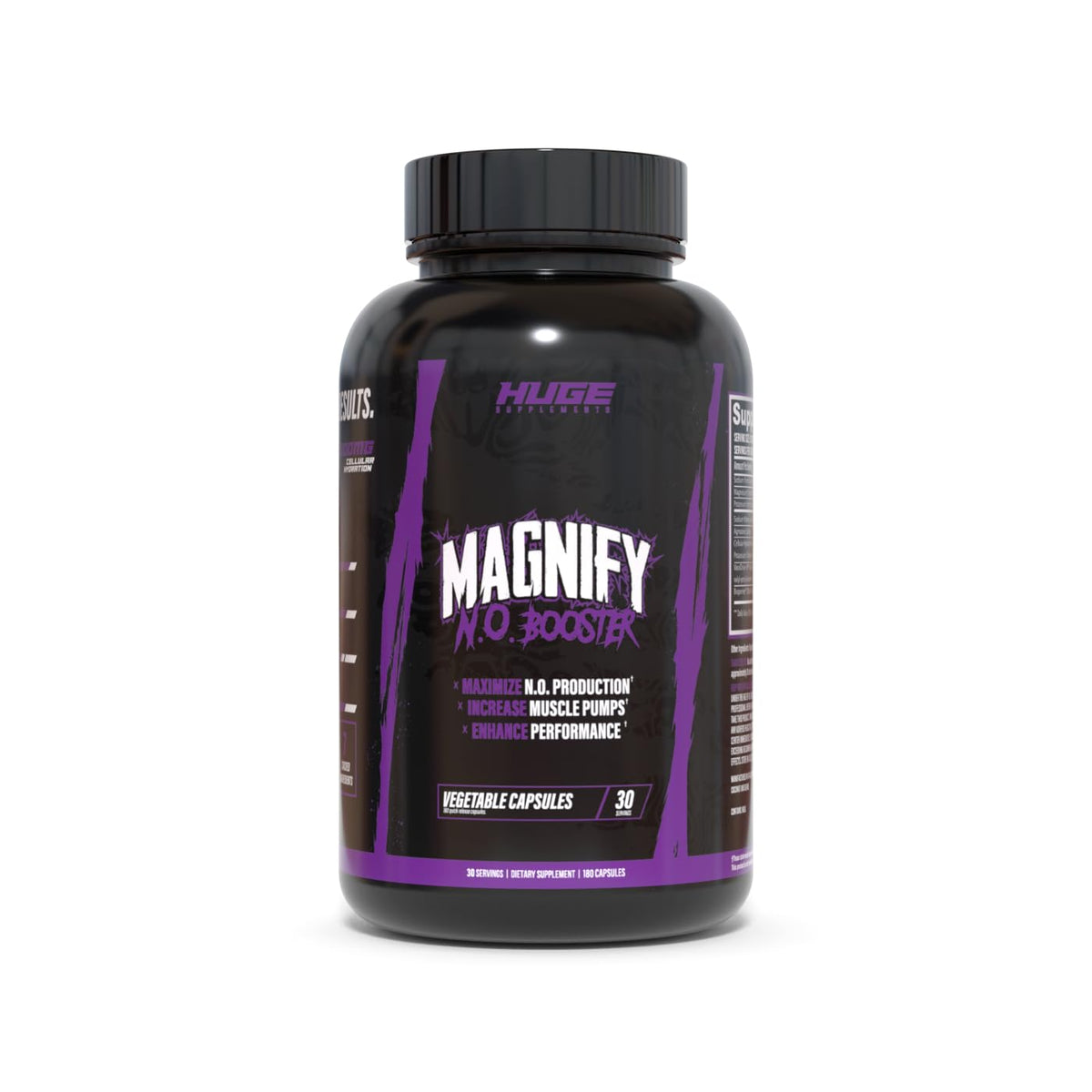 Huge Supplements Magnify Pump bottle closeup showing NO3-T formula for intense workouts.