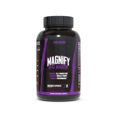 Huge Supplements Magnify Pump bottle closeup showing NO3-T formula for intense workouts.