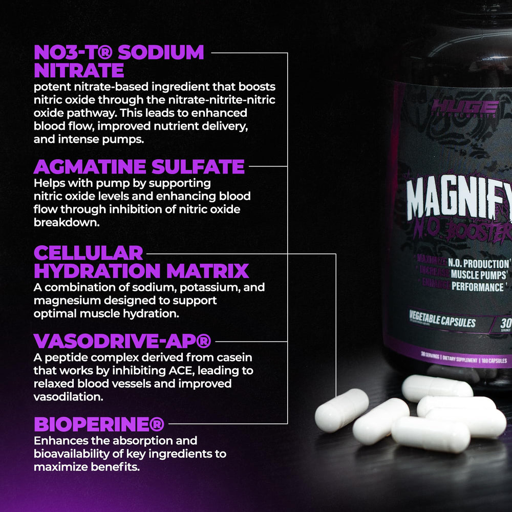 Huge Supplements Magnify Pump capsules and scoop close-up for easy dosing.