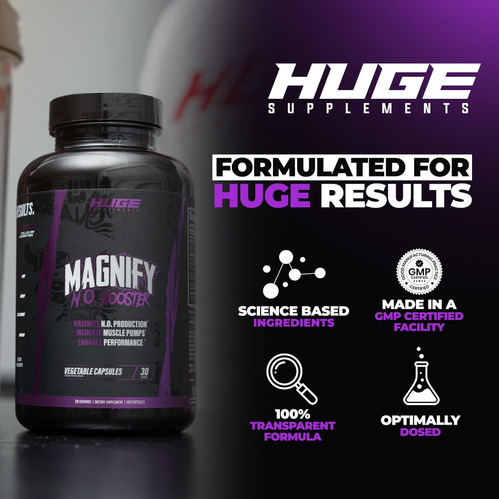 Huge Supplements Magnify Pump bottle in gym setting suggesting vascularity during workouts.
