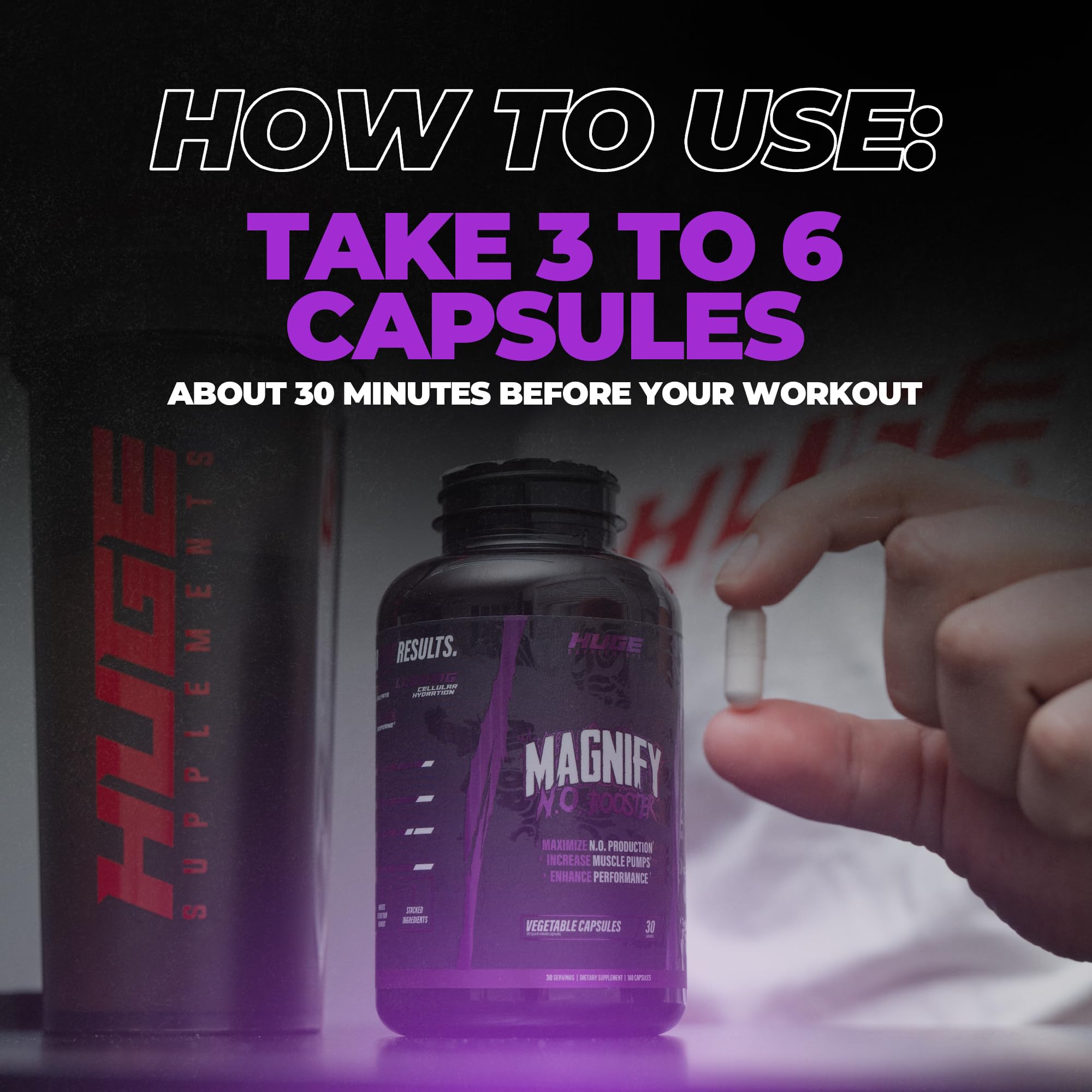Huge Supplements Magnify Pump label detail showing Bioperine and NO3-T for absorption.