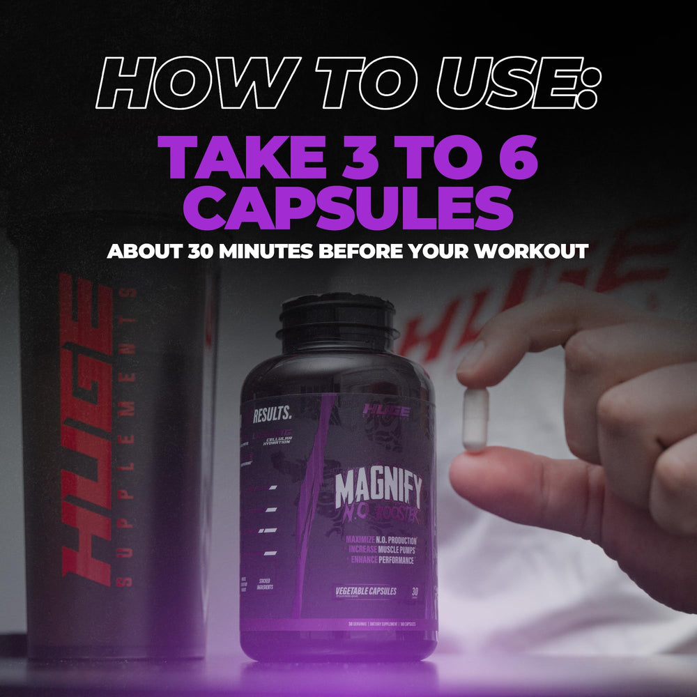Huge Supplements Magnify Pump label detail showing Bioperine and NO3-T for absorption.