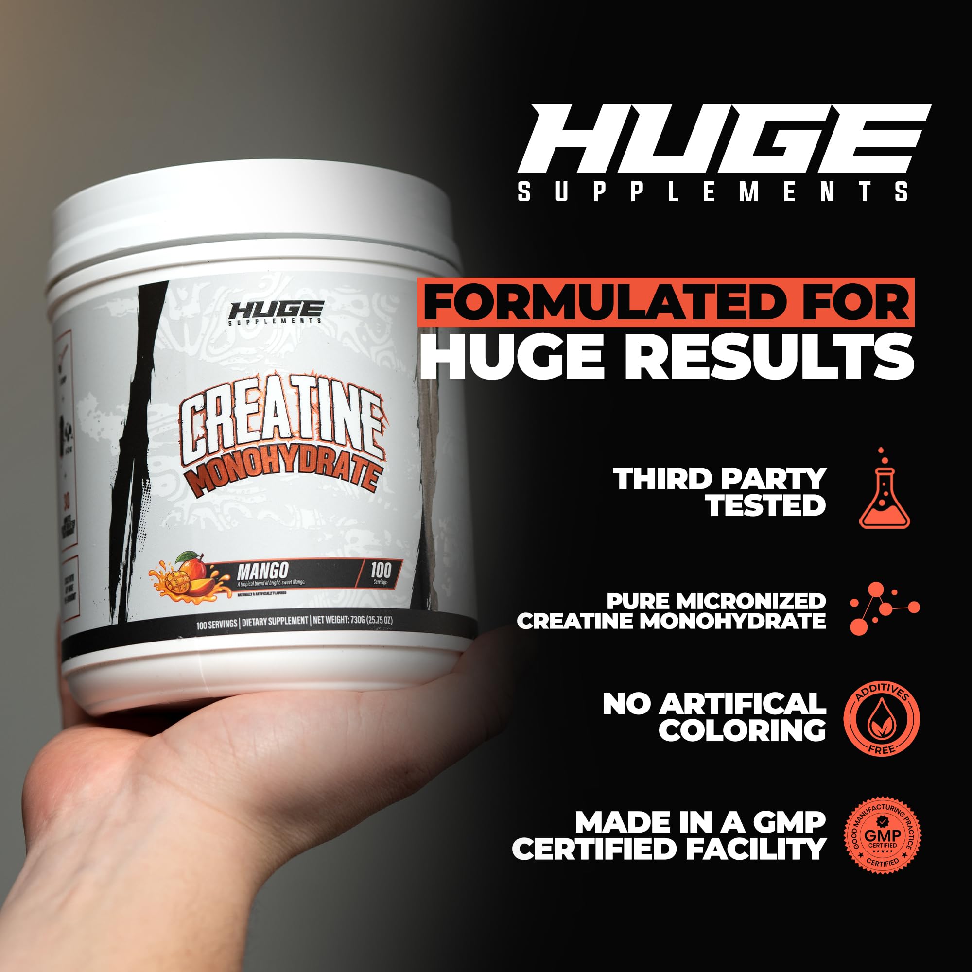 Huge Supplements micronized creatine mango powder close-up of fine texture.