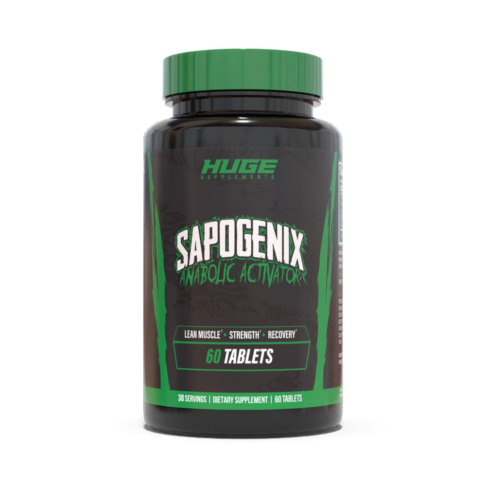 Huge Supplements Sapogenix bottle pour showing convenient 60-tablet serving for muscle support