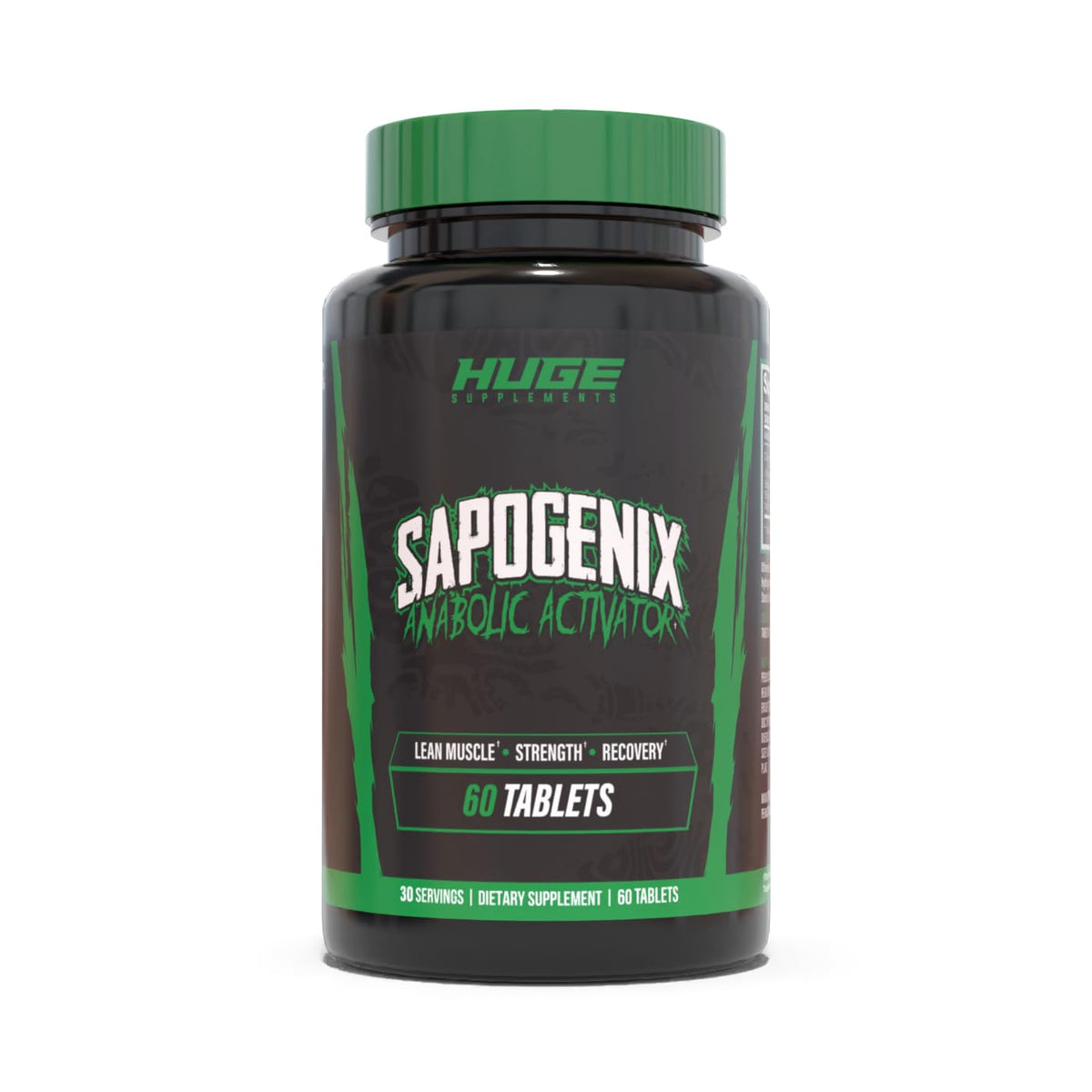 Huge Supplements Sapogenix bottle pour showing convenient 60-tablet serving for muscle support