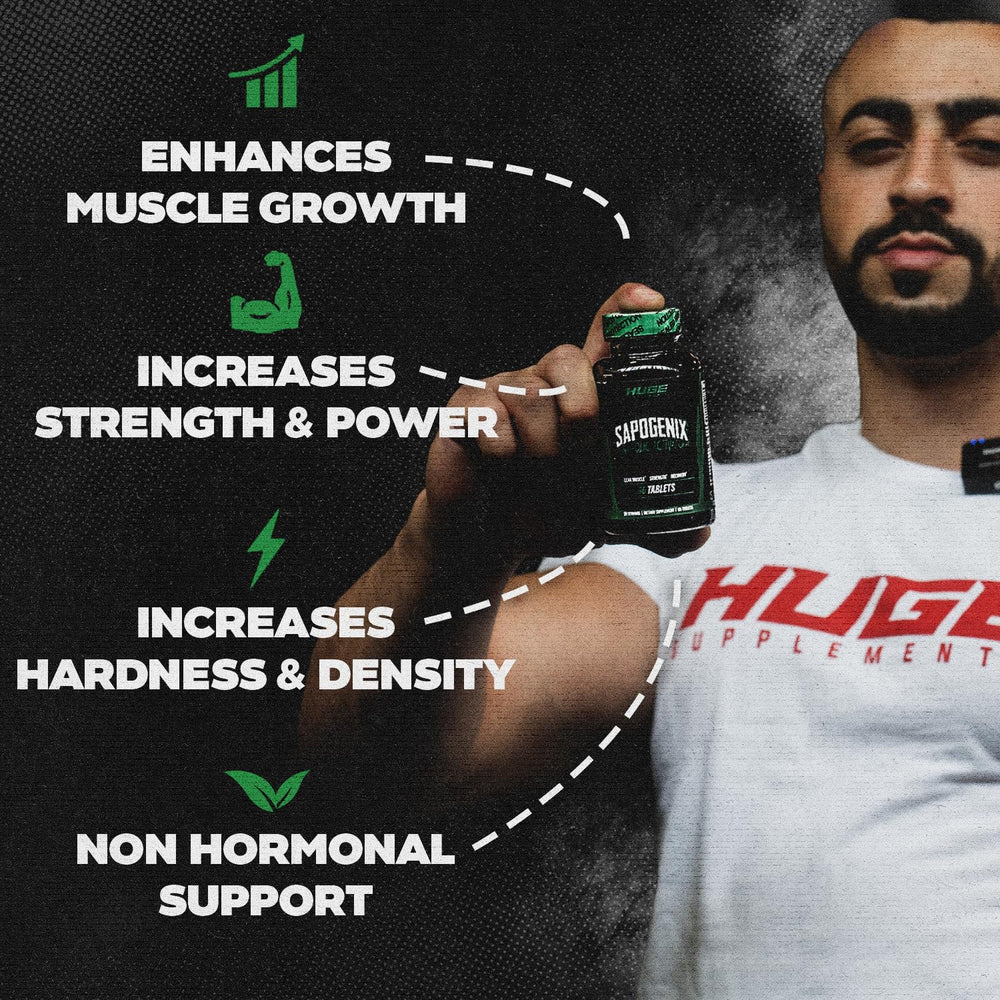 Huge Supplements Sapogenix capsules in hand, portable muscle support for lean gains