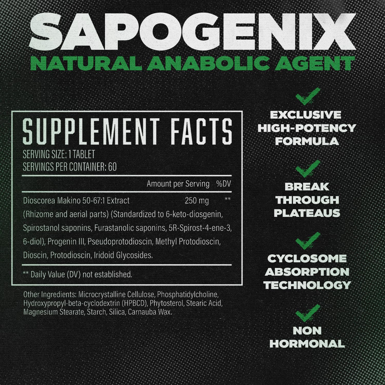Huge Supplements Sapogenix label closeup highlighting high-potency formula and Cyclosome delivery for better absorption