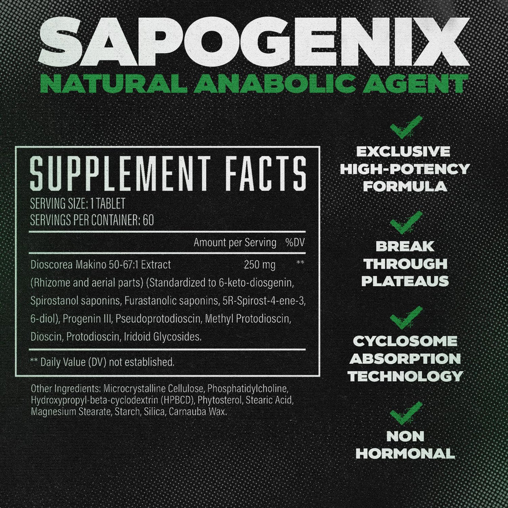 Huge Supplements Sapogenix label closeup highlighting high-potency formula and Cyclosome delivery for better absorption