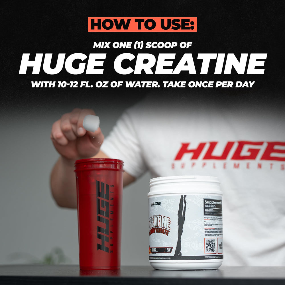 Huge Supplements third-party tested creatine mango label with QR lab results.