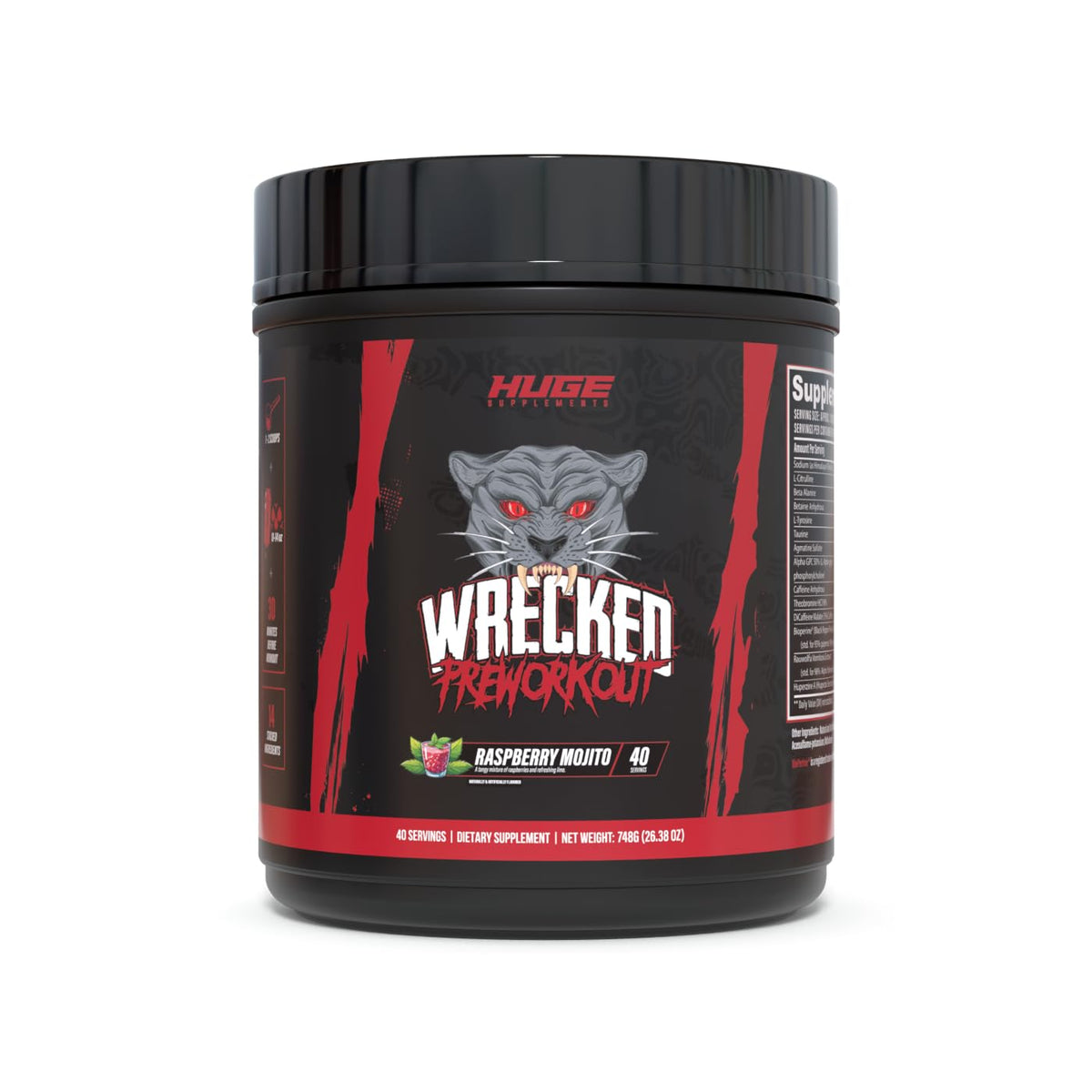 Huge Supplements Wrecked bottle front, ready-to-use pre-workout for intense sessions