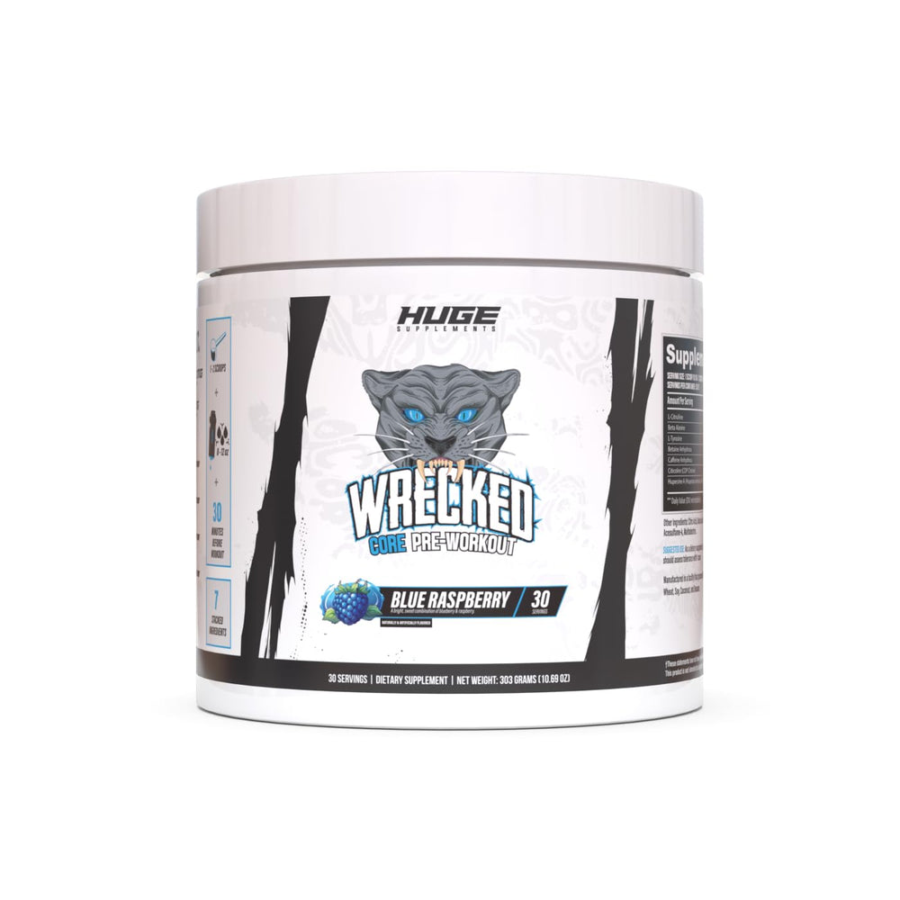 Huge Supplements Wrecked Core blue raspberry bottle ready for an energized training session.